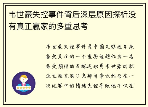 韦世豪失控事件背后深层原因探析没有真正赢家的多重思考