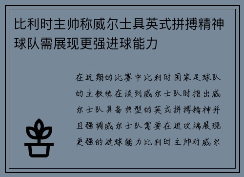 比利时主帅称威尔士具英式拼搏精神球队需展现更强进球能力 比利时主帅称威尔士具英式拼搏精神球队需展现更强进球能力